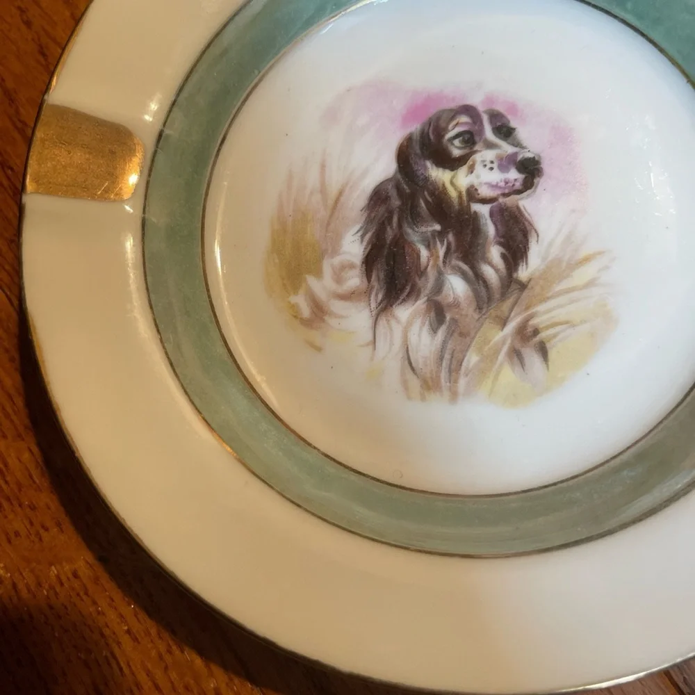 Spaniel Canine Hunting Dog Ashtray Japan Gold Rim 5 5/8”diameter Luster Ware